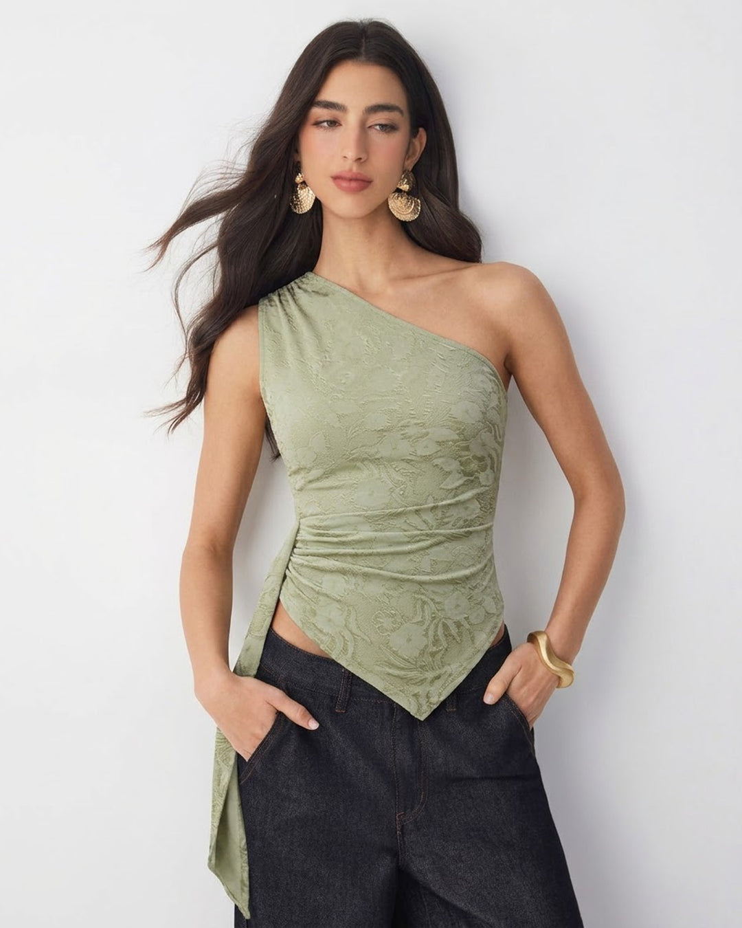 Floral Jacquard One Shoulder Ruched Asymmetrical Top in Sage Green