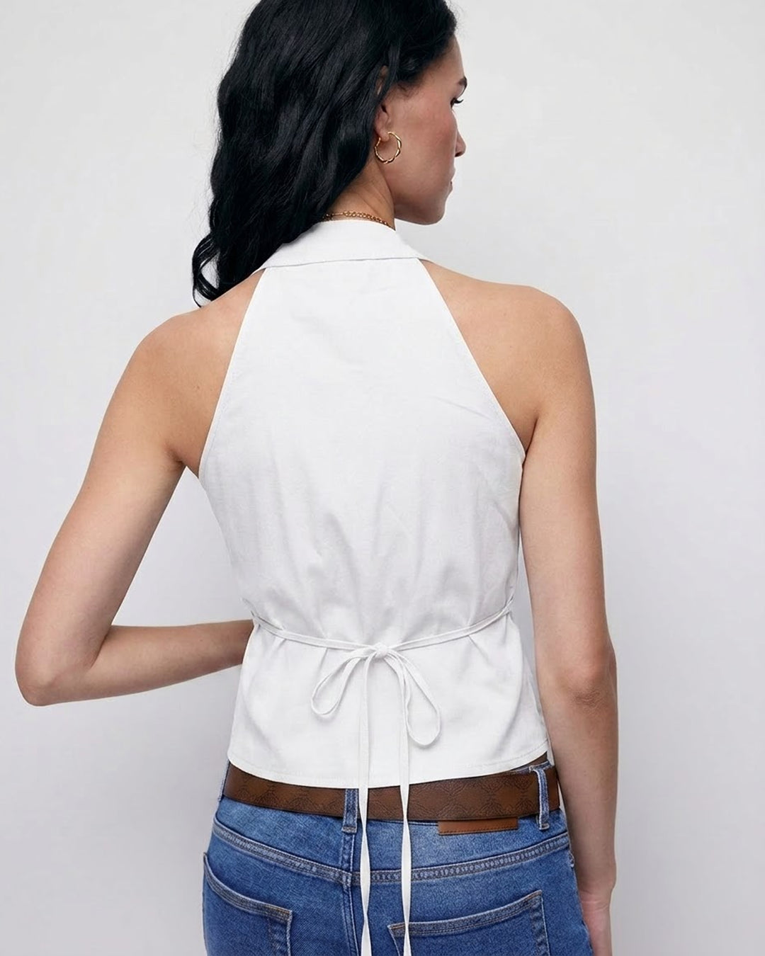 V Neck Wrap Front Sleeveless Top in Classic White