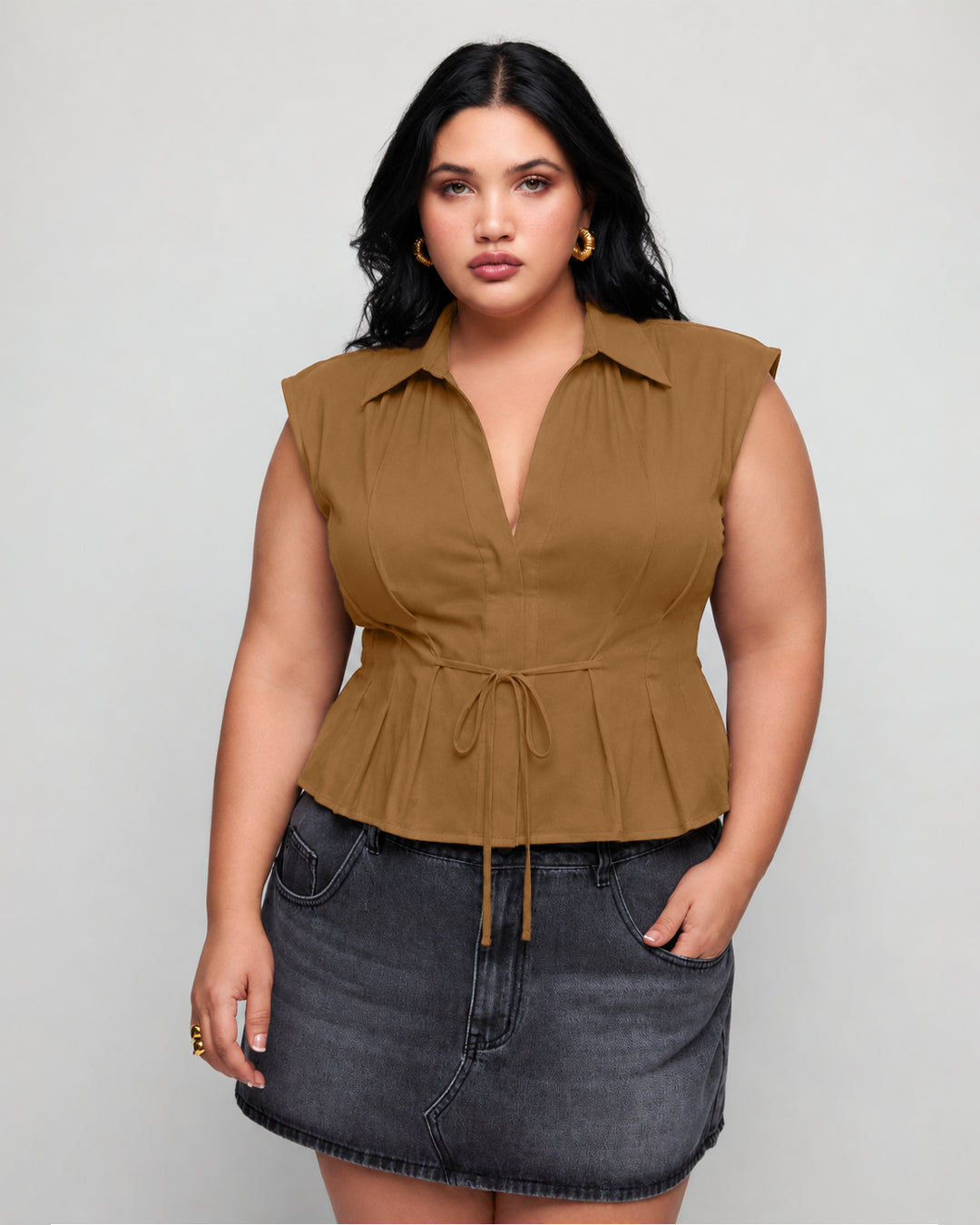 Collared V Neck Tie Waist Peplum Top Curve and Plus in Caramel Brown