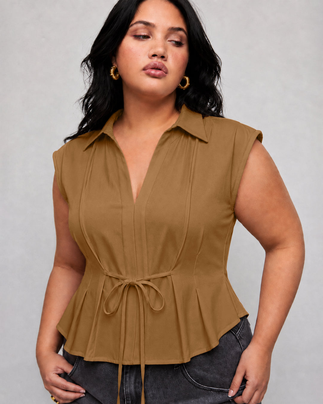 Collared V Neck Tie Waist Peplum Top Curve and Plus in Caramel Brown