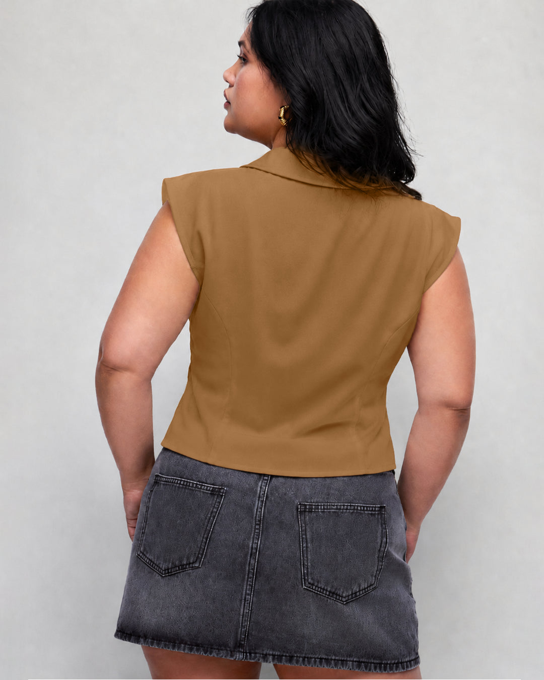 Collared V Neck Tie Waist Peplum Top Curve and Plus in Caramel Brown