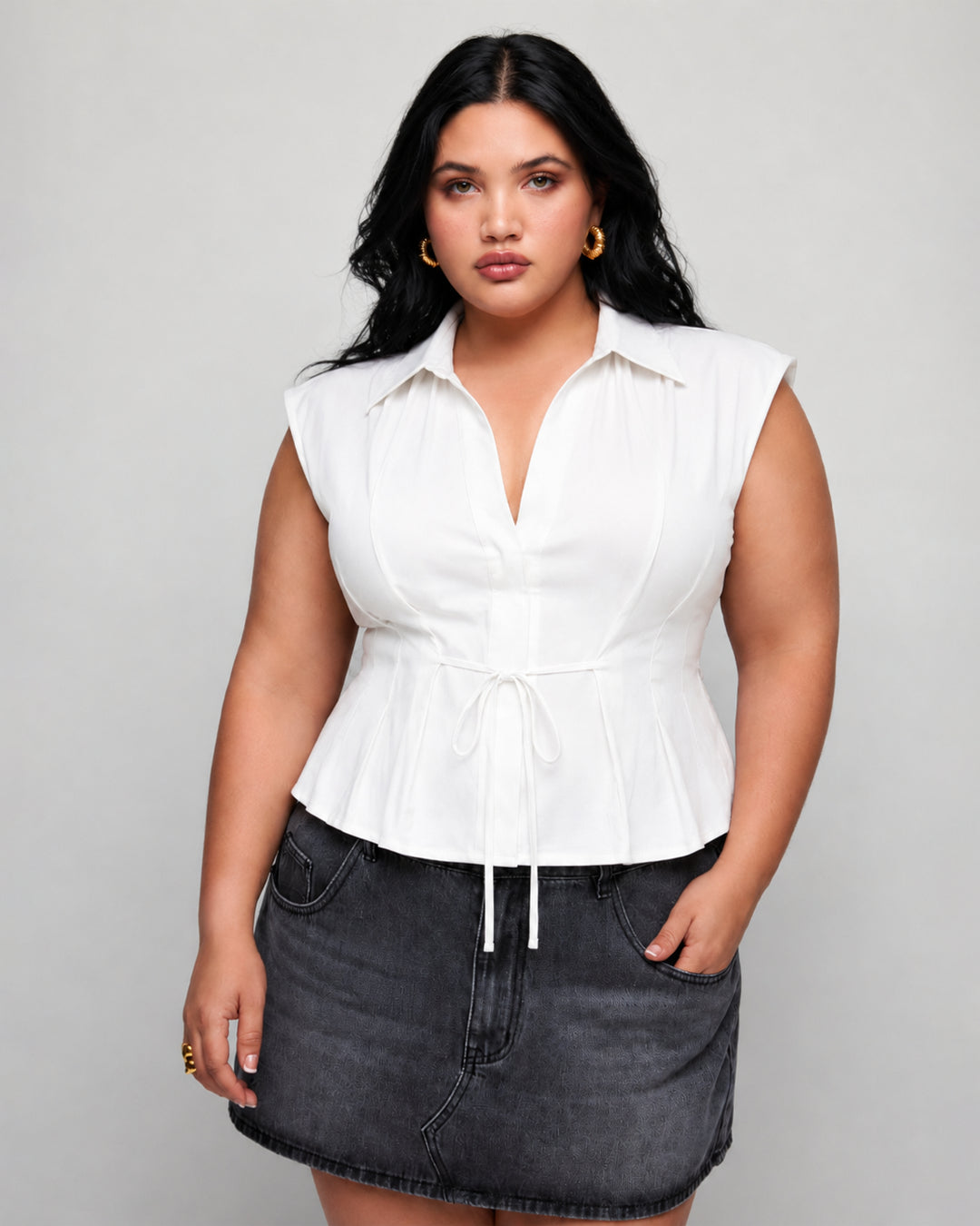 Collared V Neck Tie Waist Peplum Top Curve and Plus in White