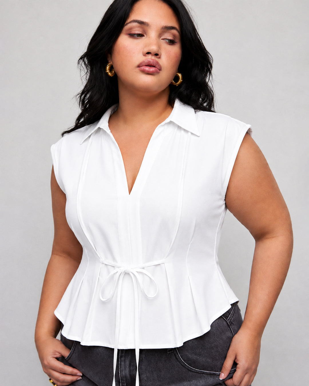 Collared V Neck Tie Waist Peplum Top Curve and Plus in White