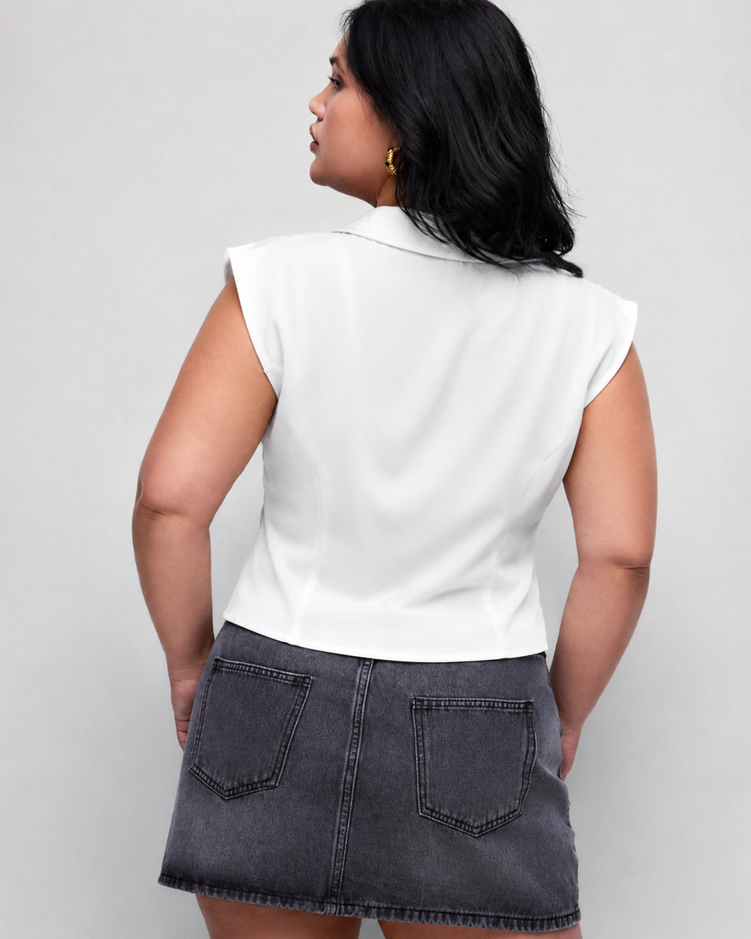 Collared V Neck Tie Waist Peplum Top Curve and Plus in White
