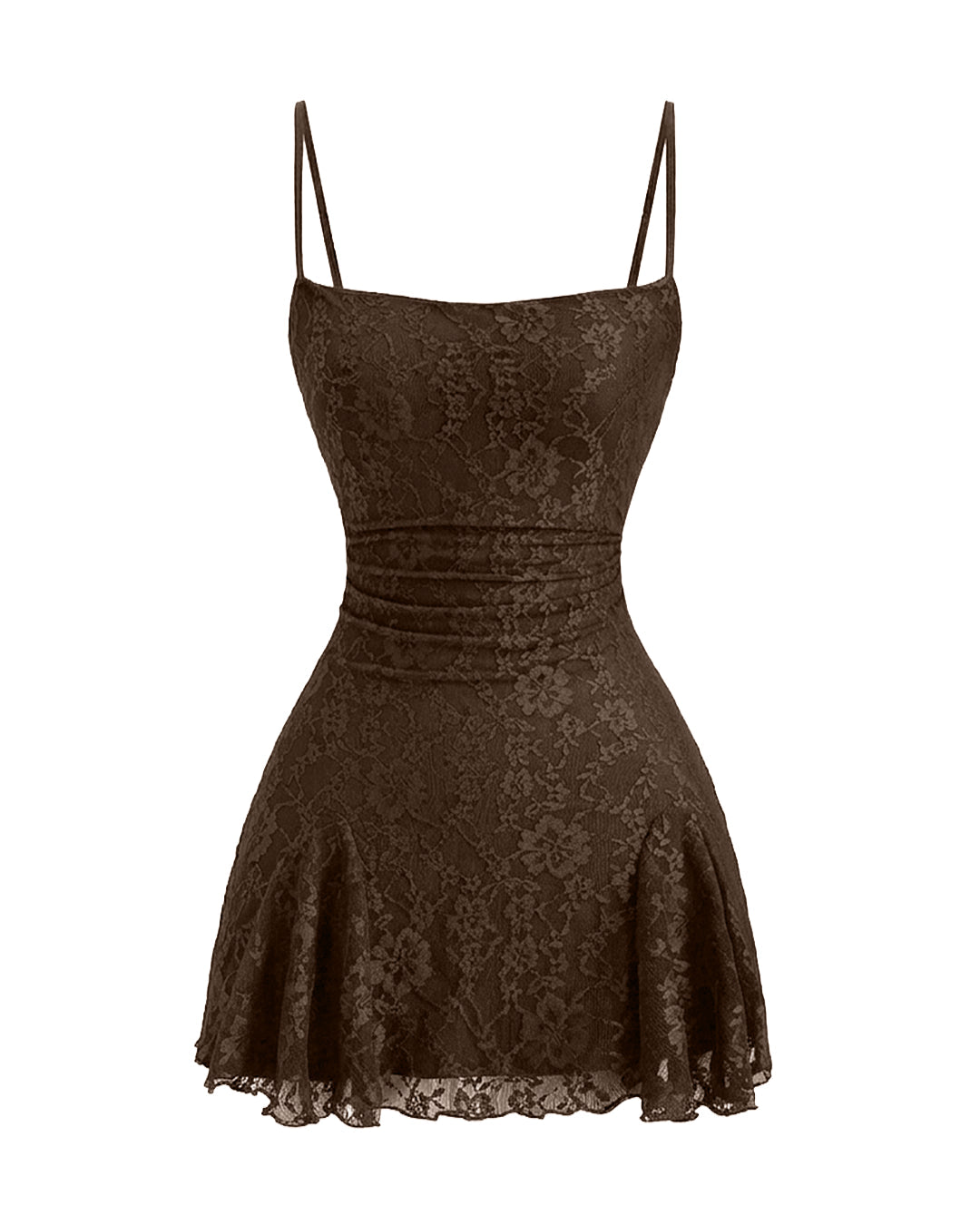 Floral Textured Spaghetti Bodycon Mini Dress in Chocolate