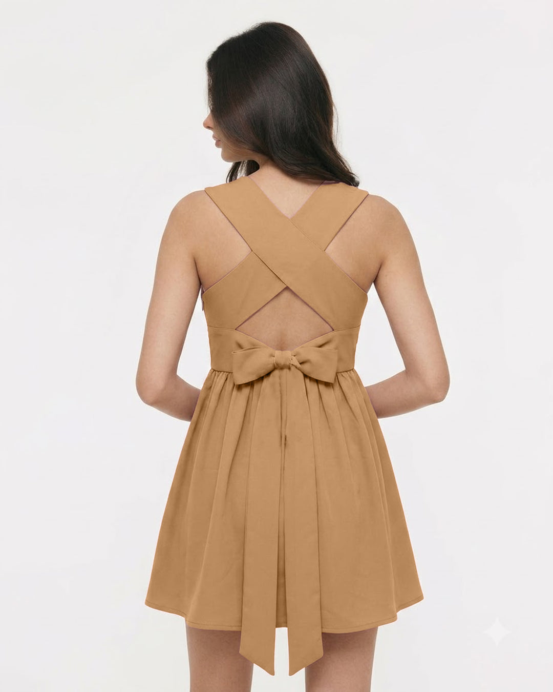 V Neck Wrap Waist Mini Dress in Tan Brown