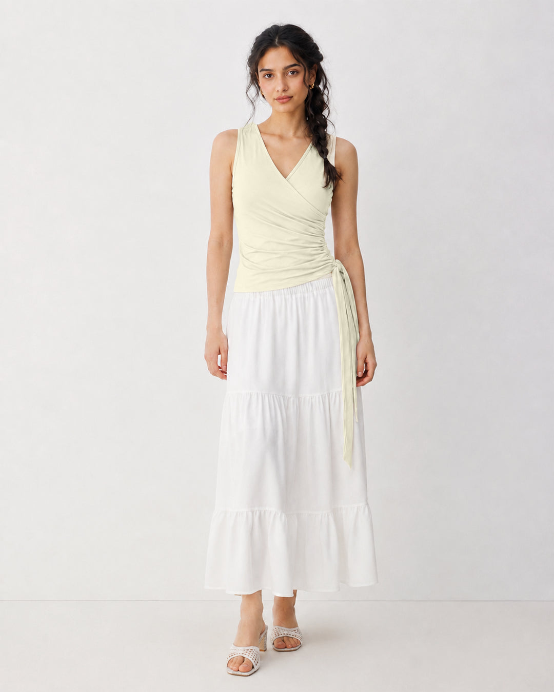 Wrap Front Side Tie Sleeveless Top in Olive Green
