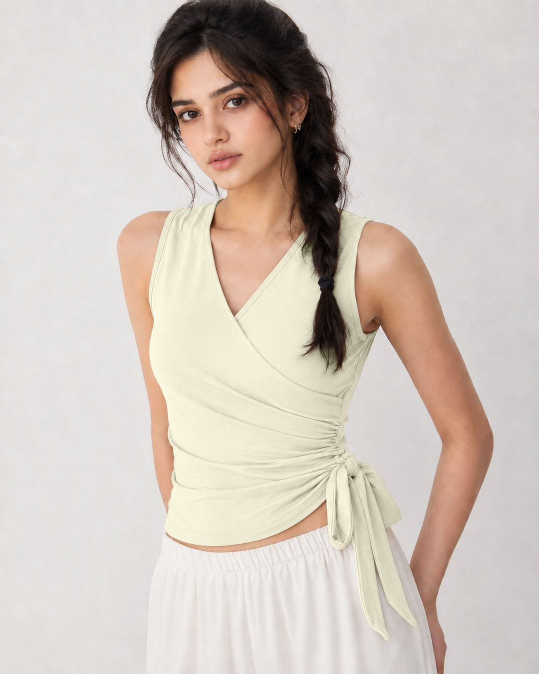 Wrap Front Side Tie Sleeveless Top in Olive Green