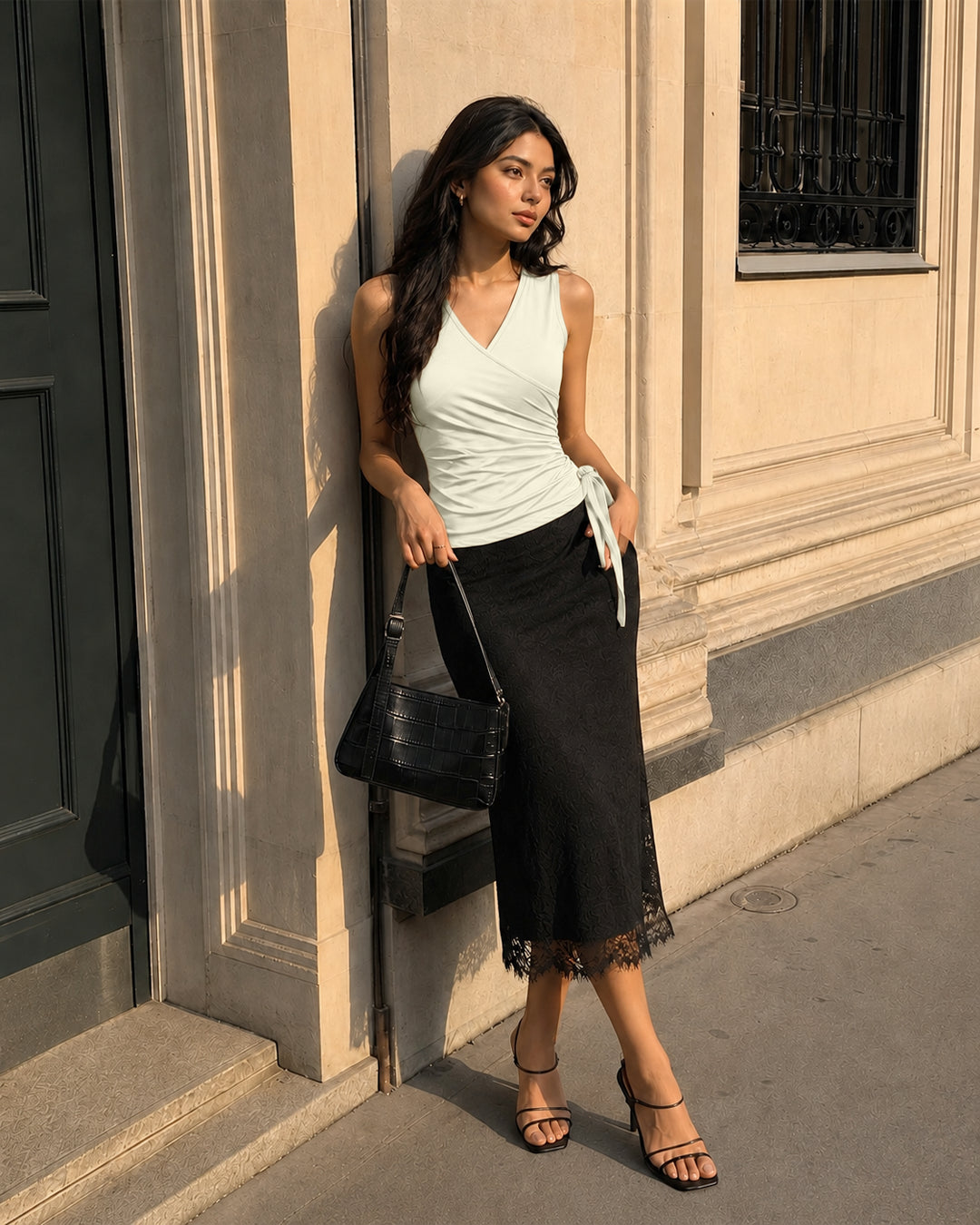 Wrap Front Side Tie Sleeveless Top in Olive Green