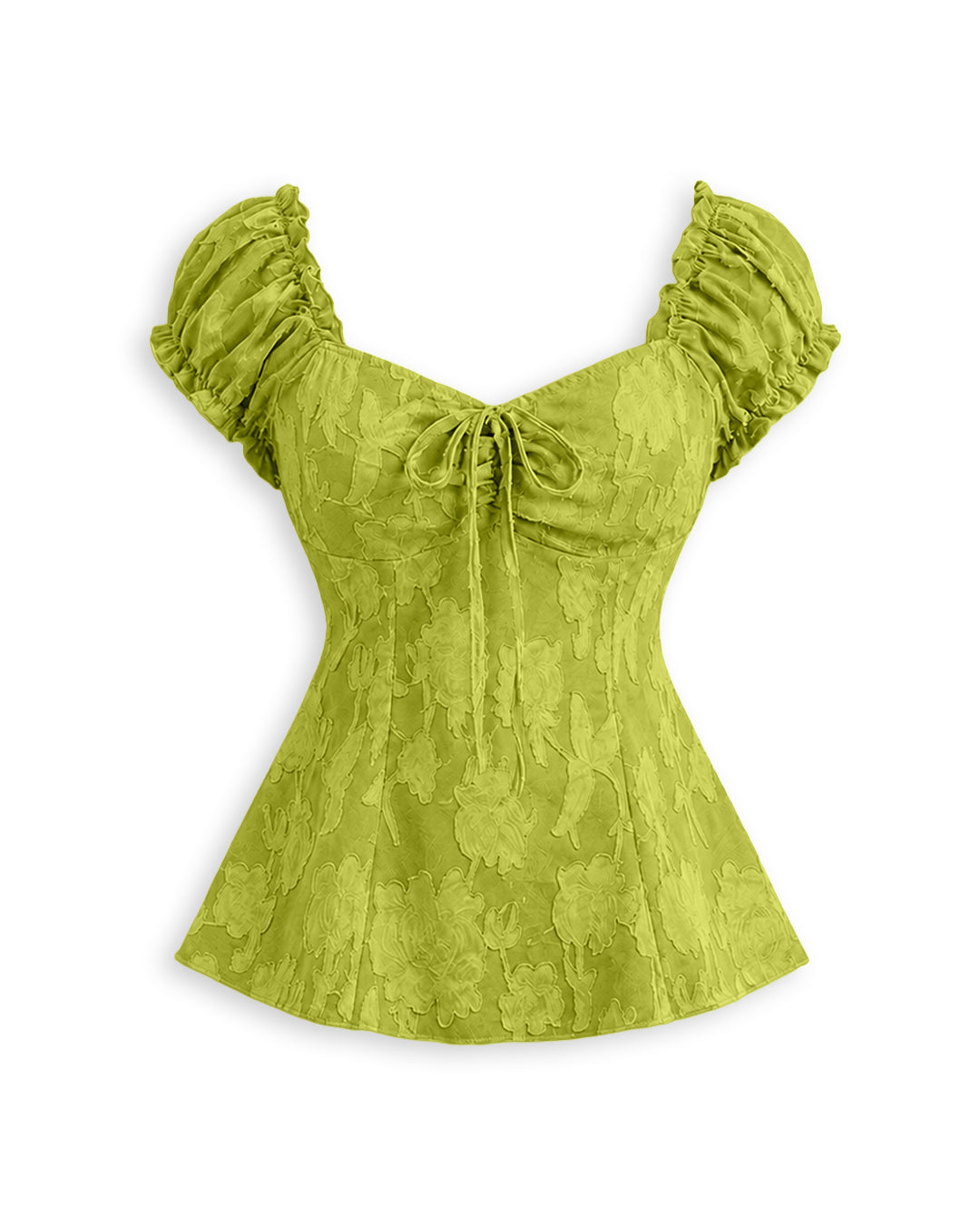 Cute Tie Front Neck Puff Sleeve Fit & Flare Top in Herbal Green
