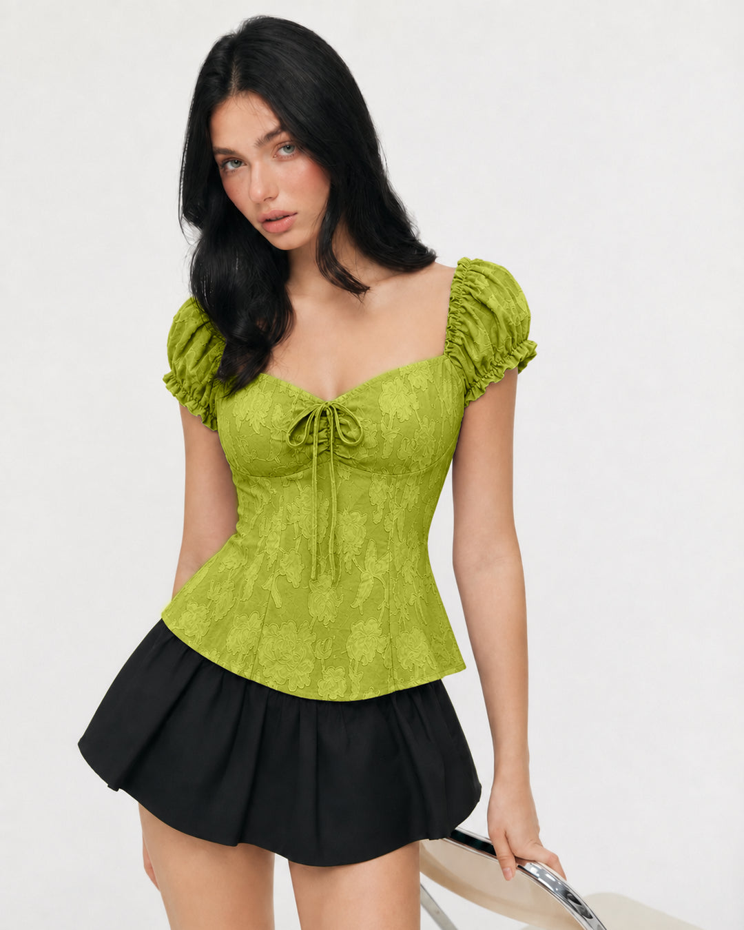 Cute Tie Front Neck Puff Sleeve Fit & Flare Top in Herbal Green