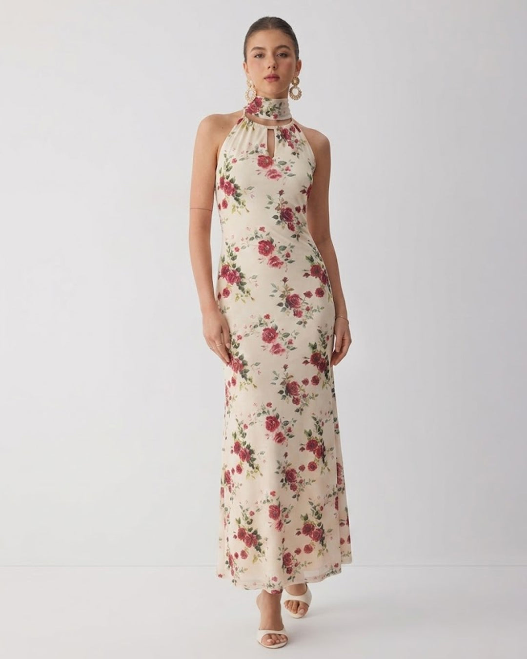 Floral Halter Neck Tie Back Midi Dress in Warm Beige