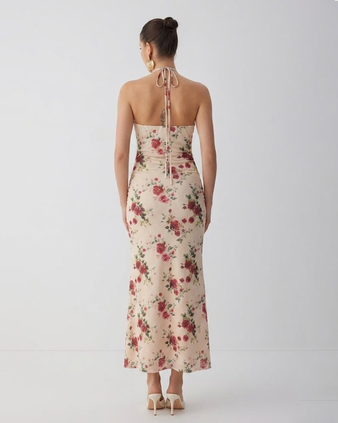 Floral Halter Neck Tie Back Midi Dress in Warm Beige