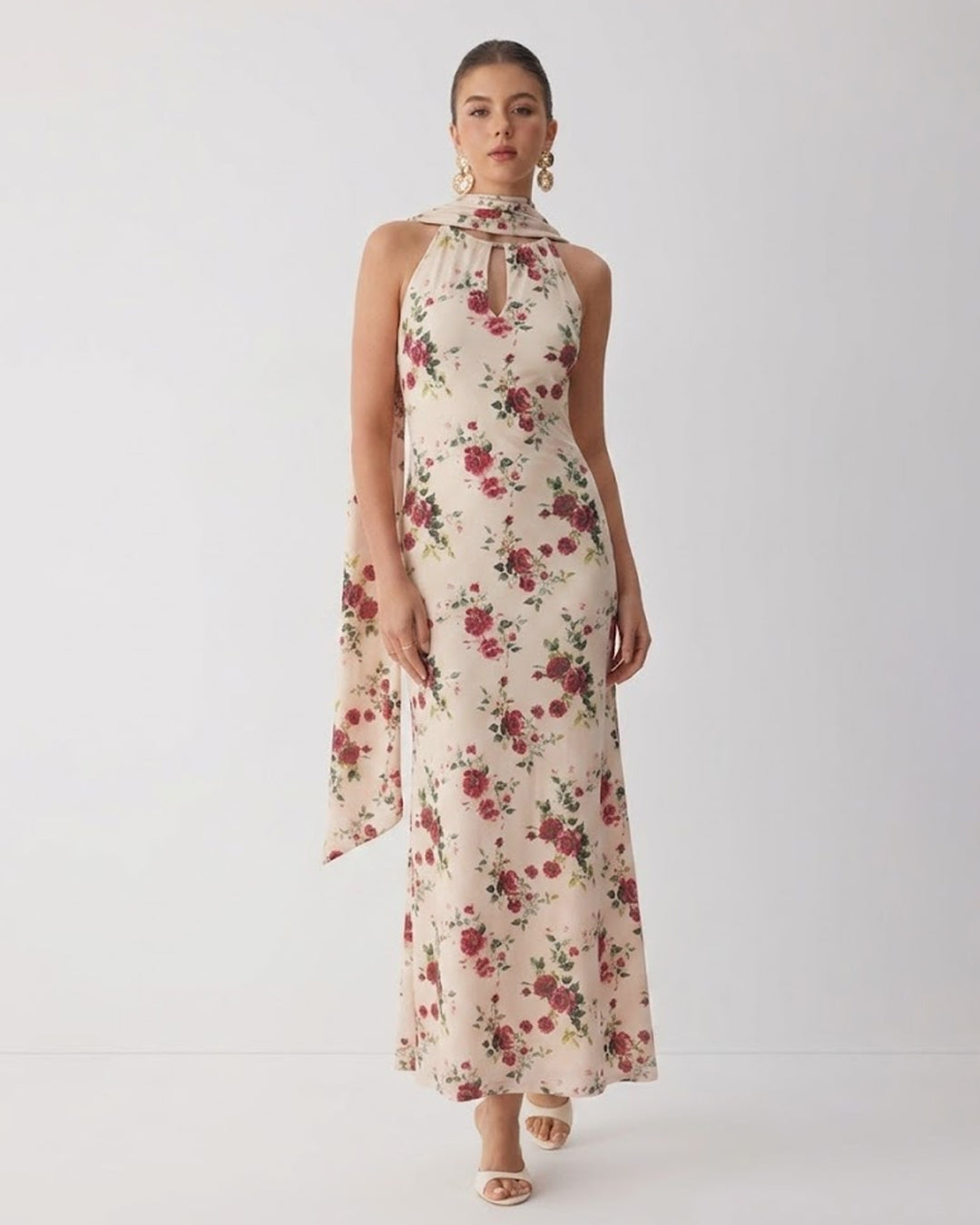 Floral Halter Neck Tie Back Midi Dress in Warm Beige