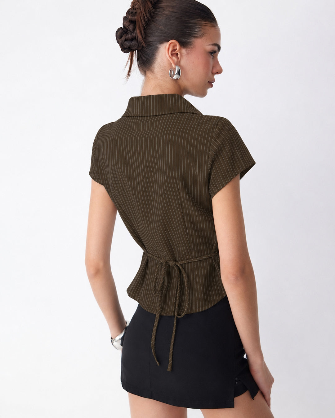 Pinstripe Tailored Button Front Fitted Shirt in Chocolate Brown