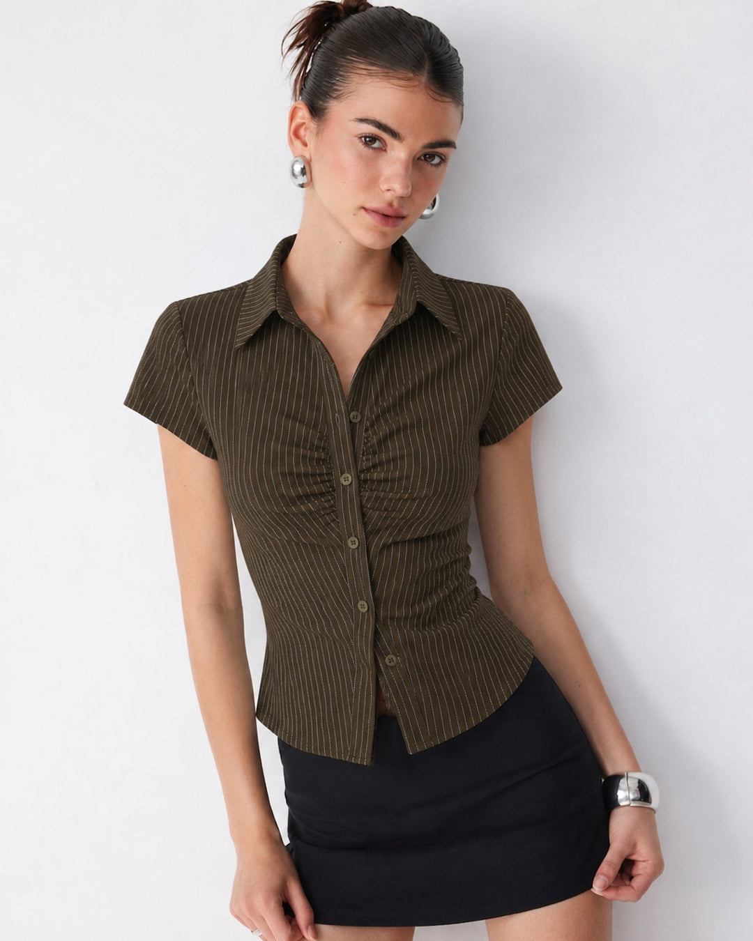 Pinstripe Tailored Button Front Fitted Shirt in Chocolate Brown