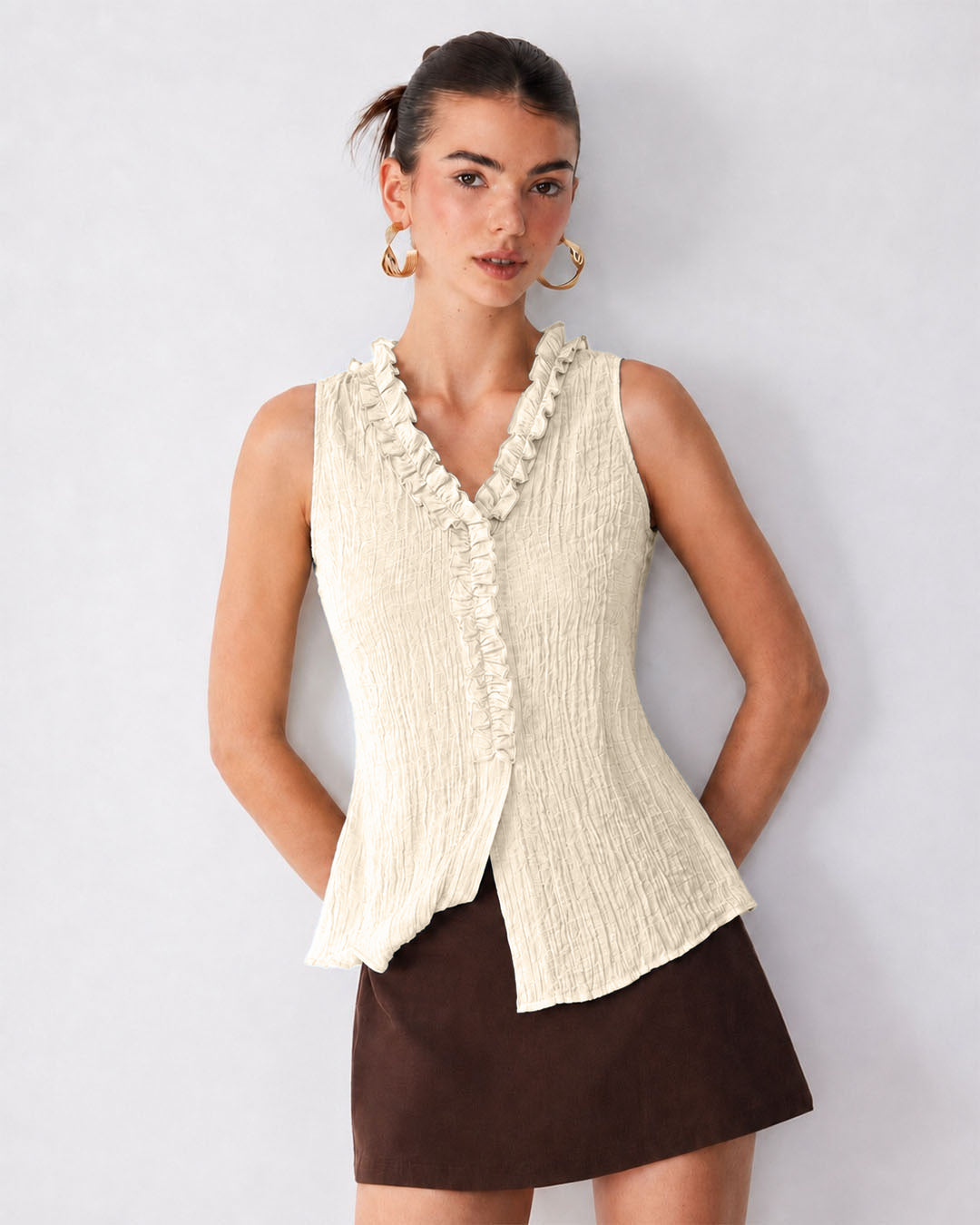 Ruffle Trim V Neck Sleeveless Peplum Top in Cream