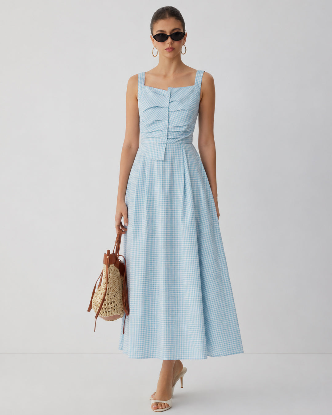 Gingham Ruched Front Tie Detail Midi Dress in Baby Blue