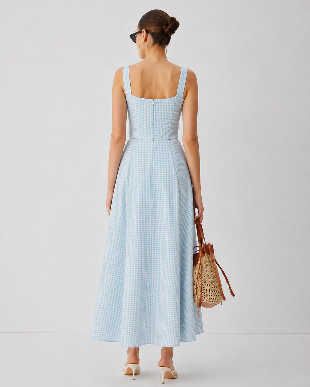 Gingham Ruched Front Tie Detail Midi Dress in Baby Blue