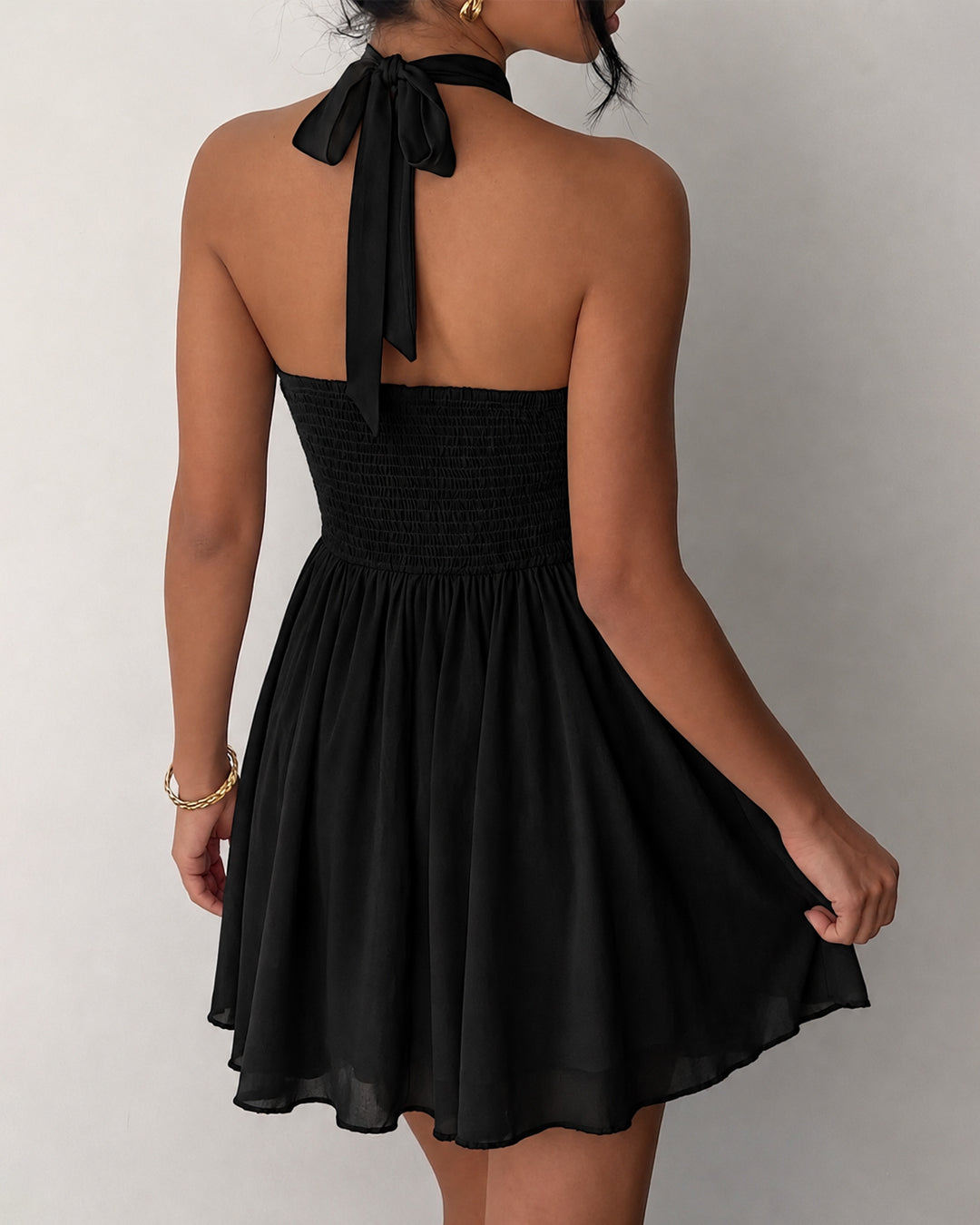 Halter Neck Tie Back Layered Ruffle Mini Dress in Classic Black