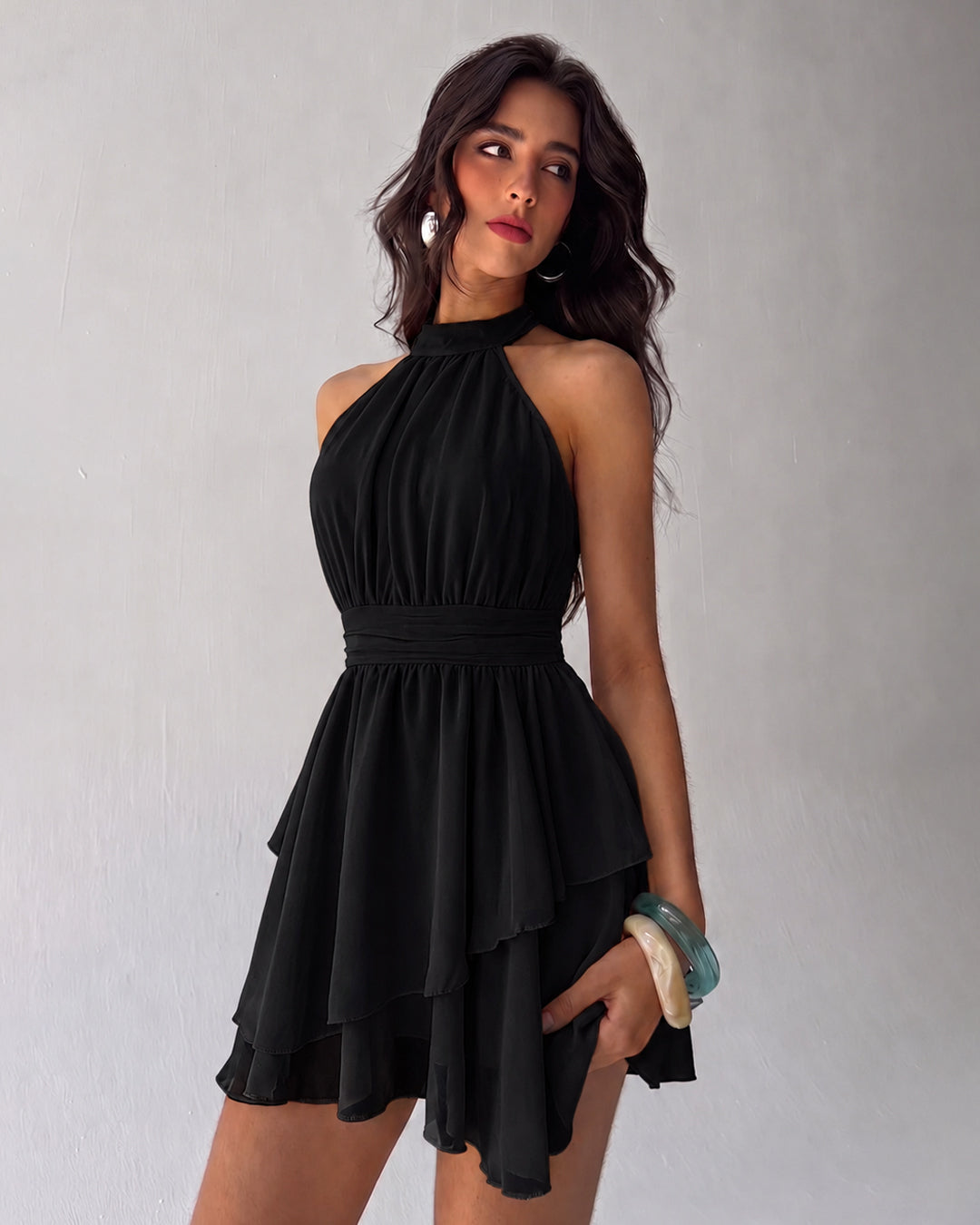 Halter Neck Tie Back Layered Ruffle Mini Dress in Classic Black