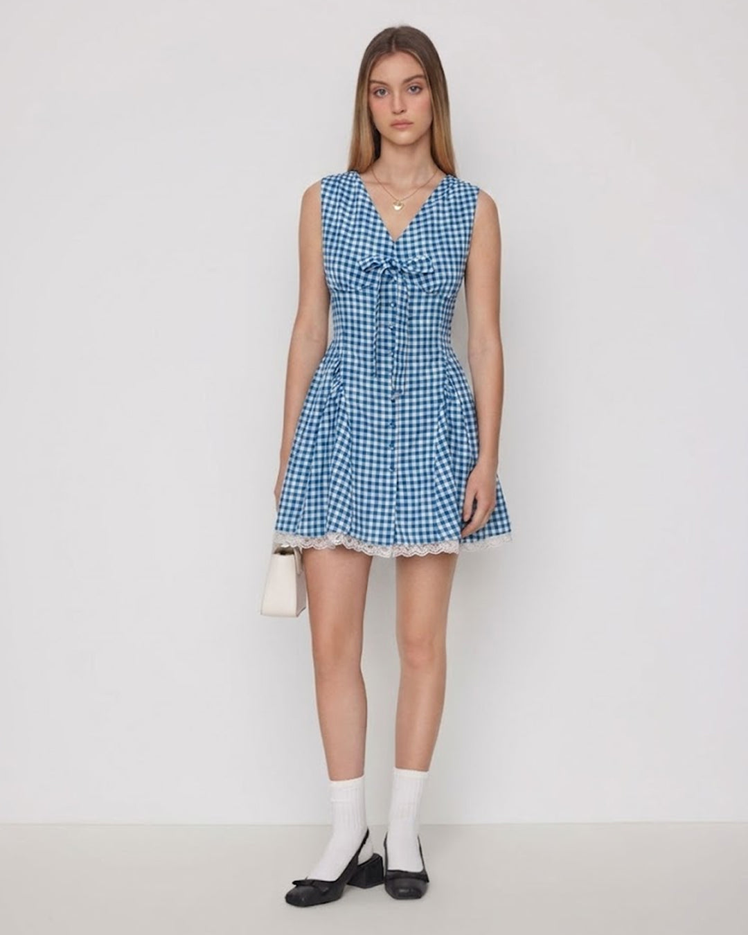 Gingham V Neck Fit and Flare Mini Dress in Baby Blue
