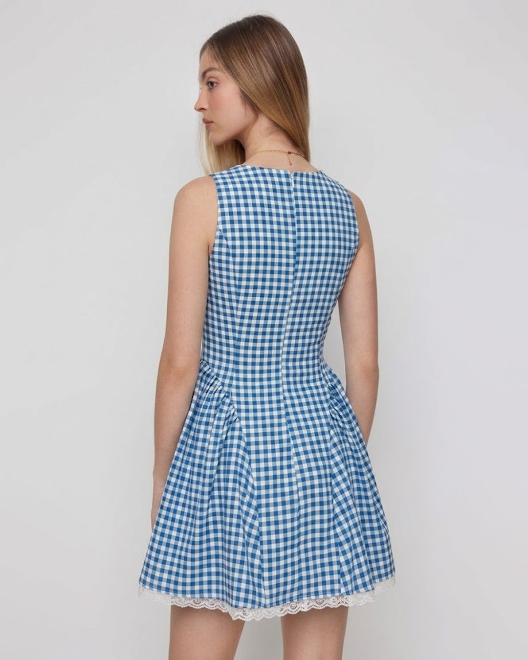 Gingham V Neck Fit and Flare Mini Dress in Baby Blue