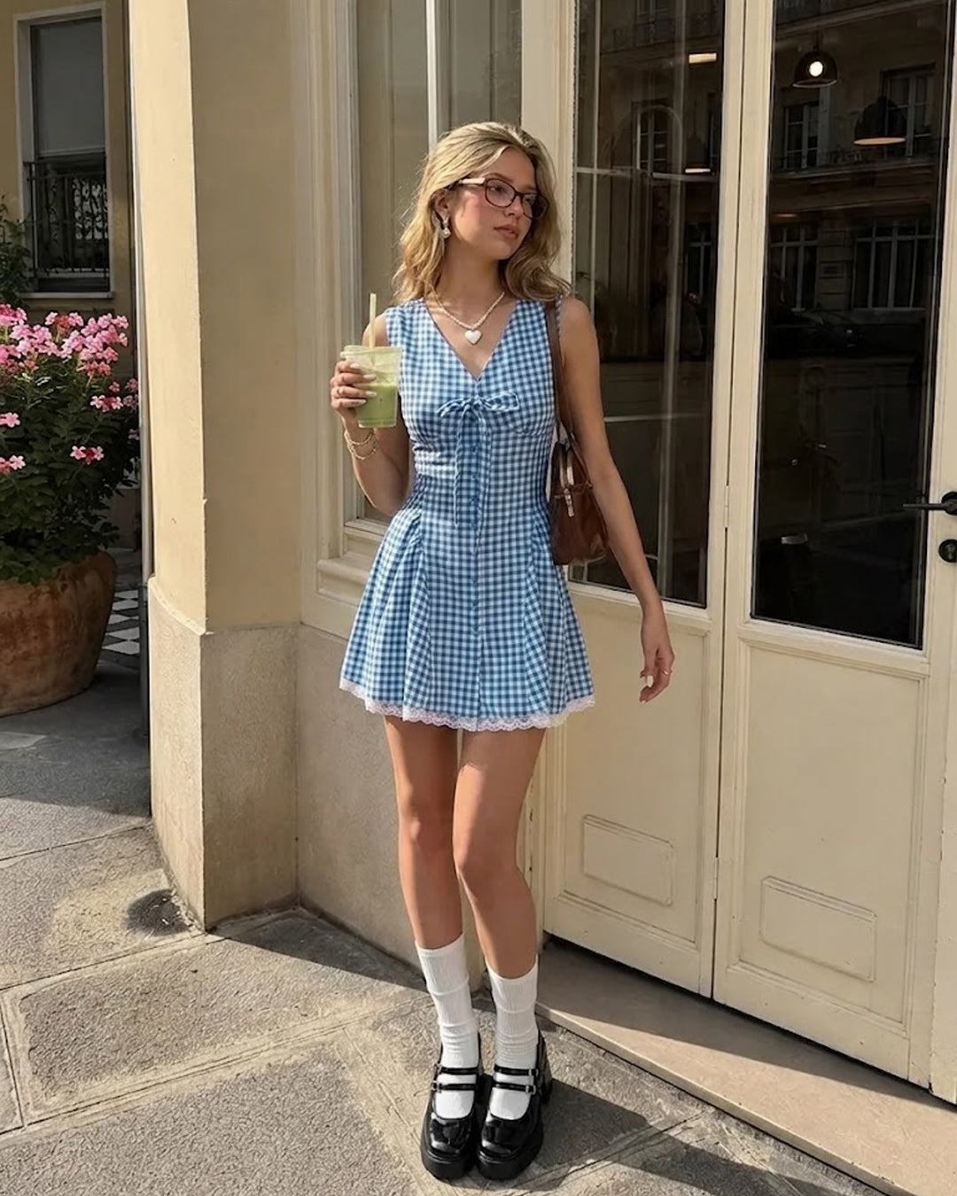 Gingham V Neck Fit and Flare Mini Dress in Baby Blue