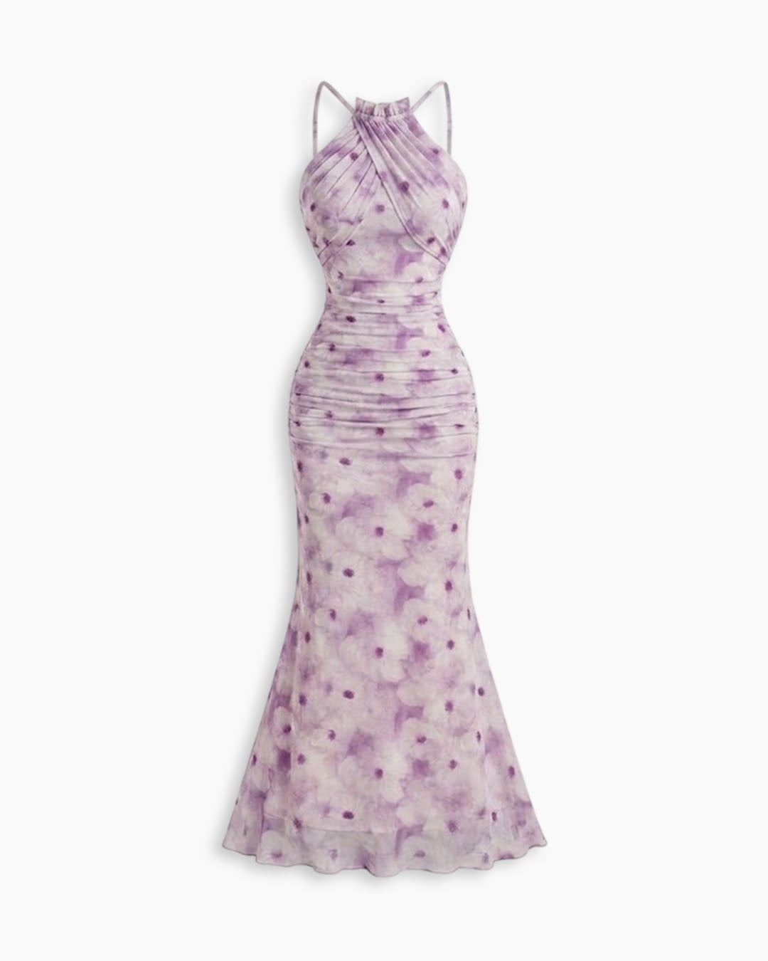 Floral Ruched Halter Neck Mermaid Midi Dress in Lilac