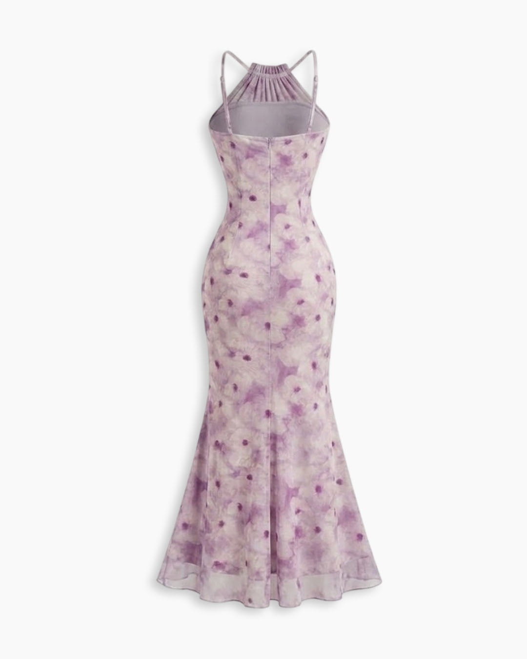 Floral Ruched Halter Neck Mermaid Midi Dress in Lilac