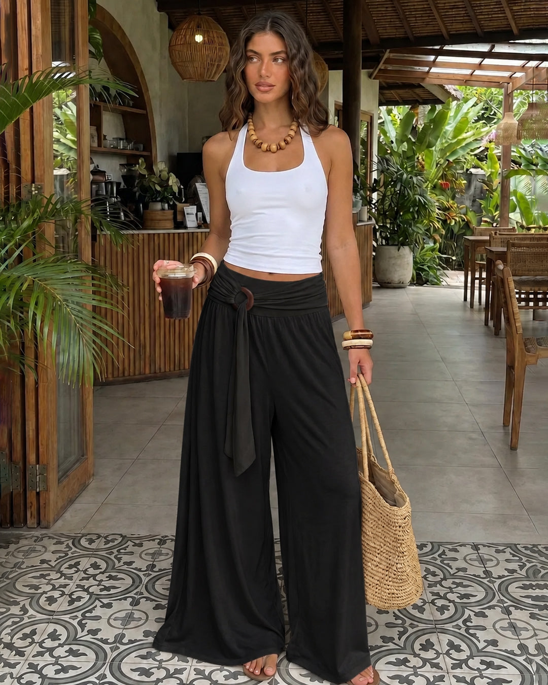 High Waist Ruched Ring Detail A-Line Trousers in Classic Black