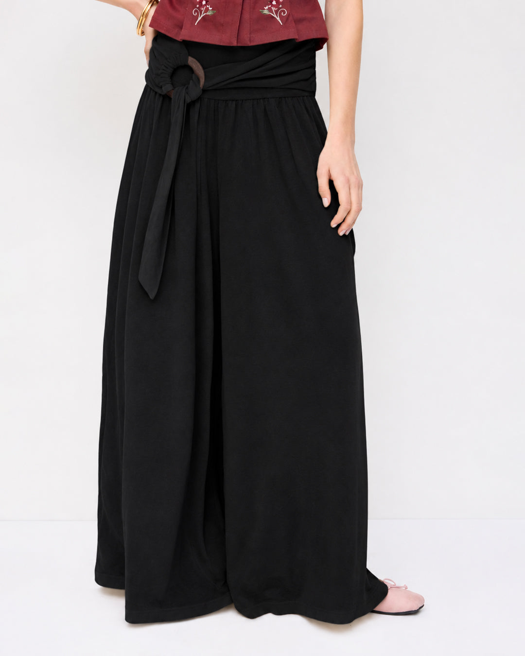 High Waist Ruched Ring Detail A-Line Trousers in Classic Black