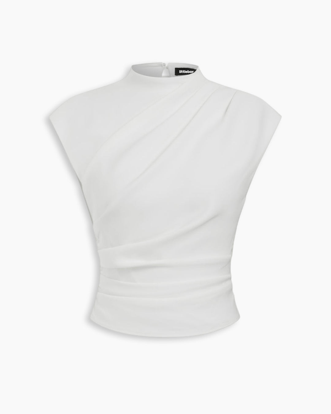 High Neck Ruched Asymmetrical Draped Top in Classic White