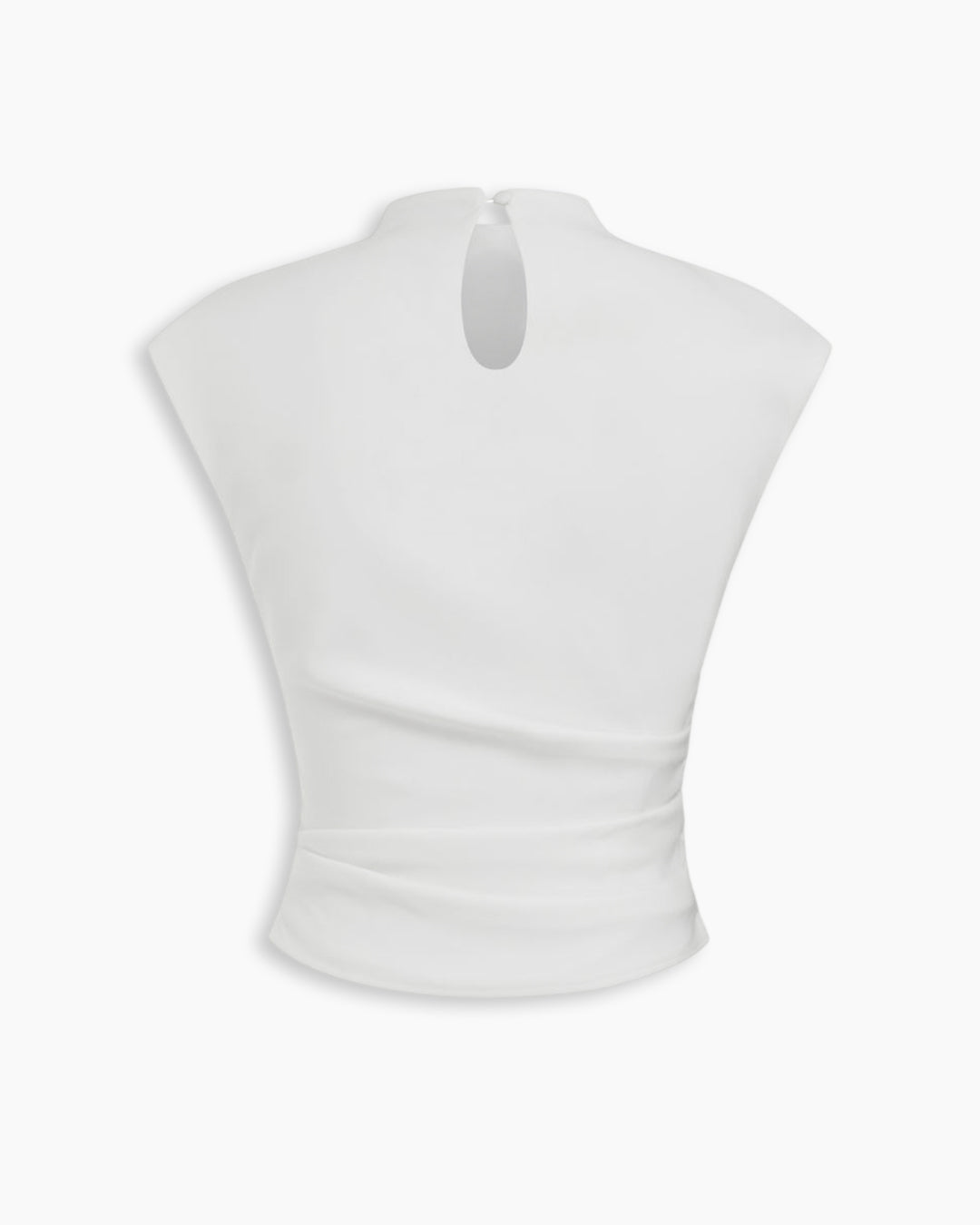 High Neck Ruched Asymmetrical Draped Top in Classic White