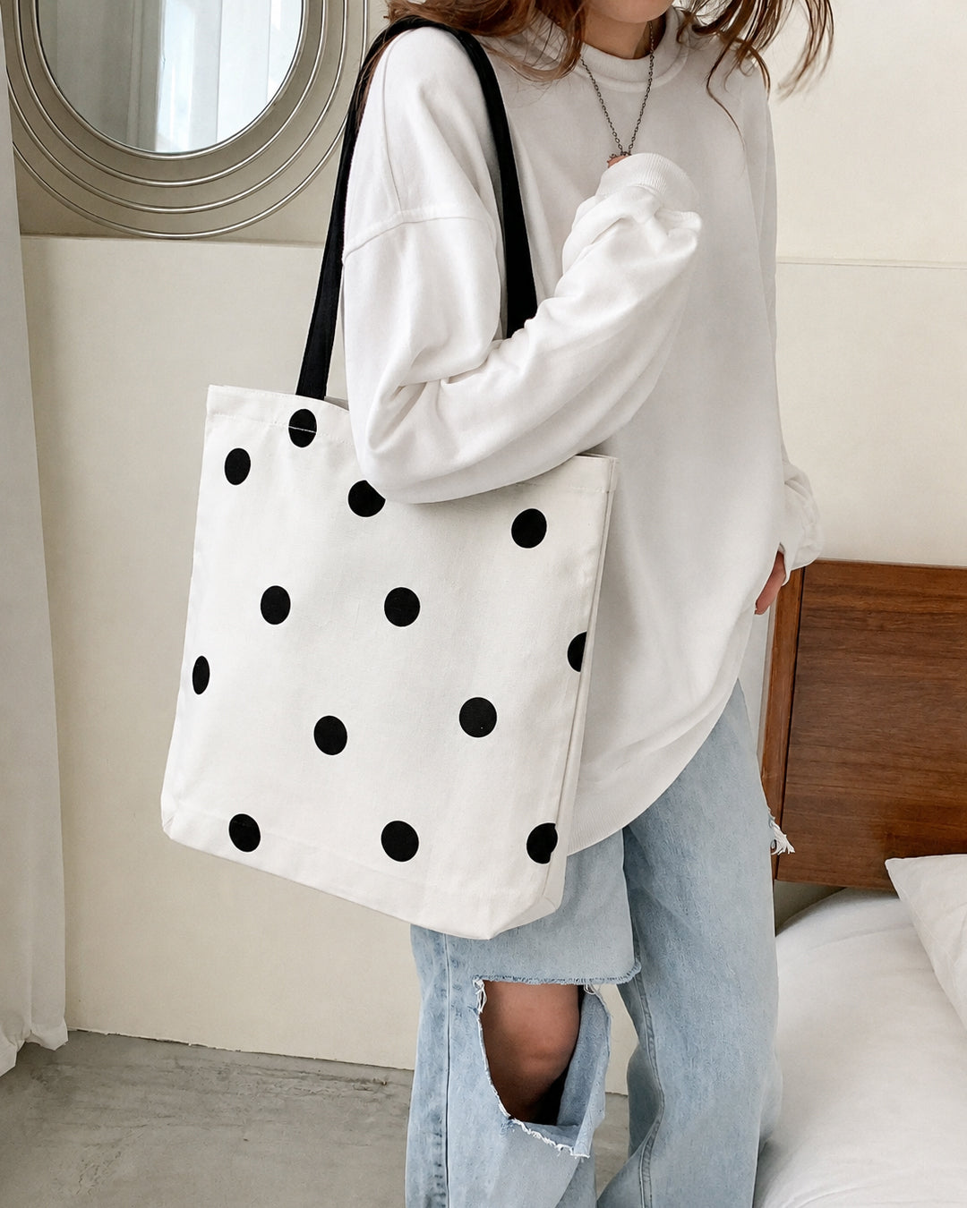 Polka Dot Canvas Tote Bag in Jet White