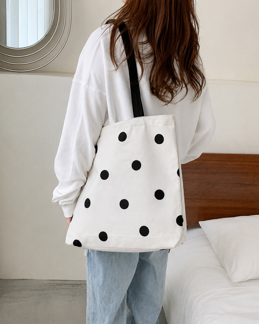Polka Dot Canvas Tote Bag in Jet White