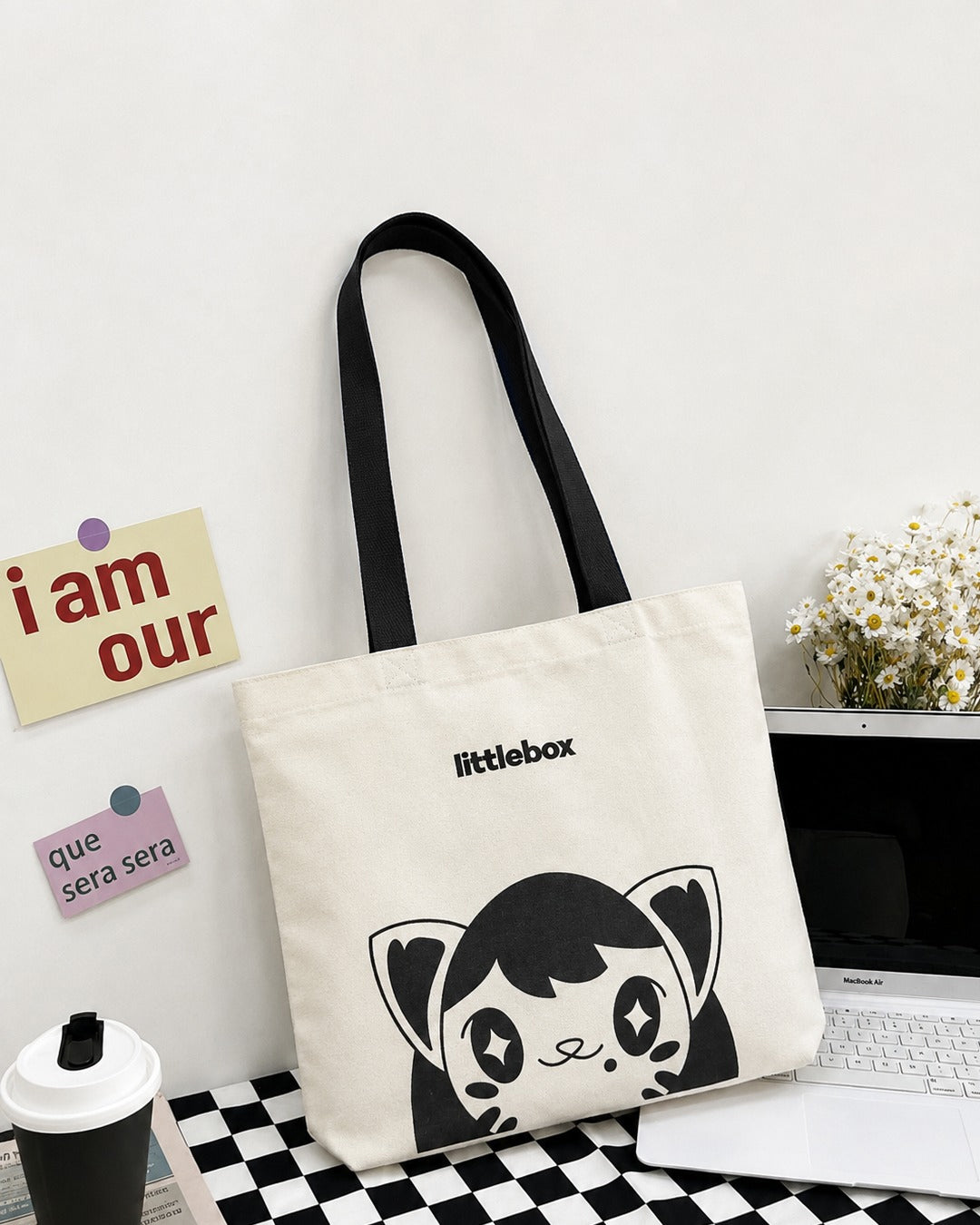 Cute Cat Graphic Canvas Tote Bag in Off-White