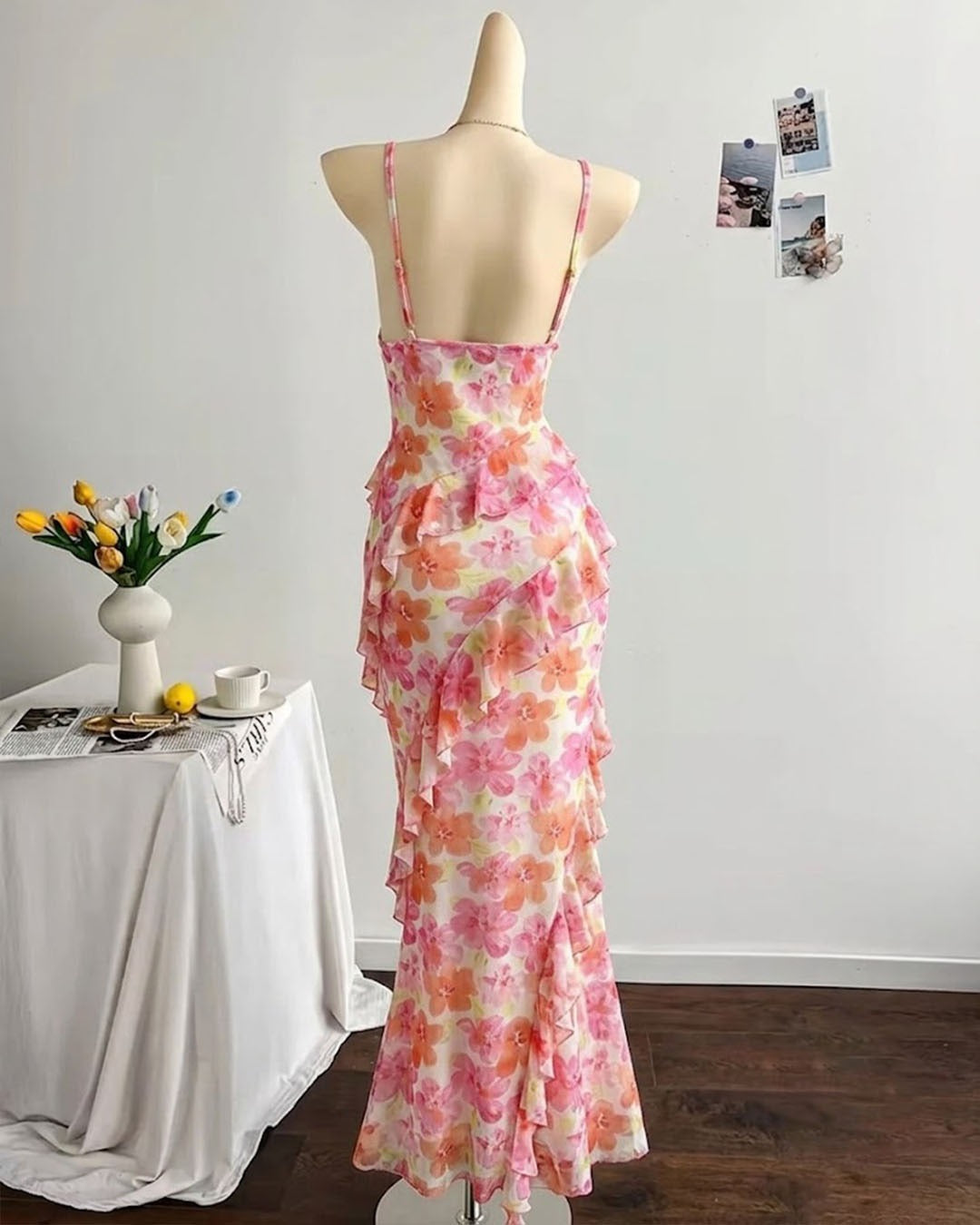 Floral Ruched Ruffle Trim Mermaid Maxi Dress in Orange and Blush Pink
