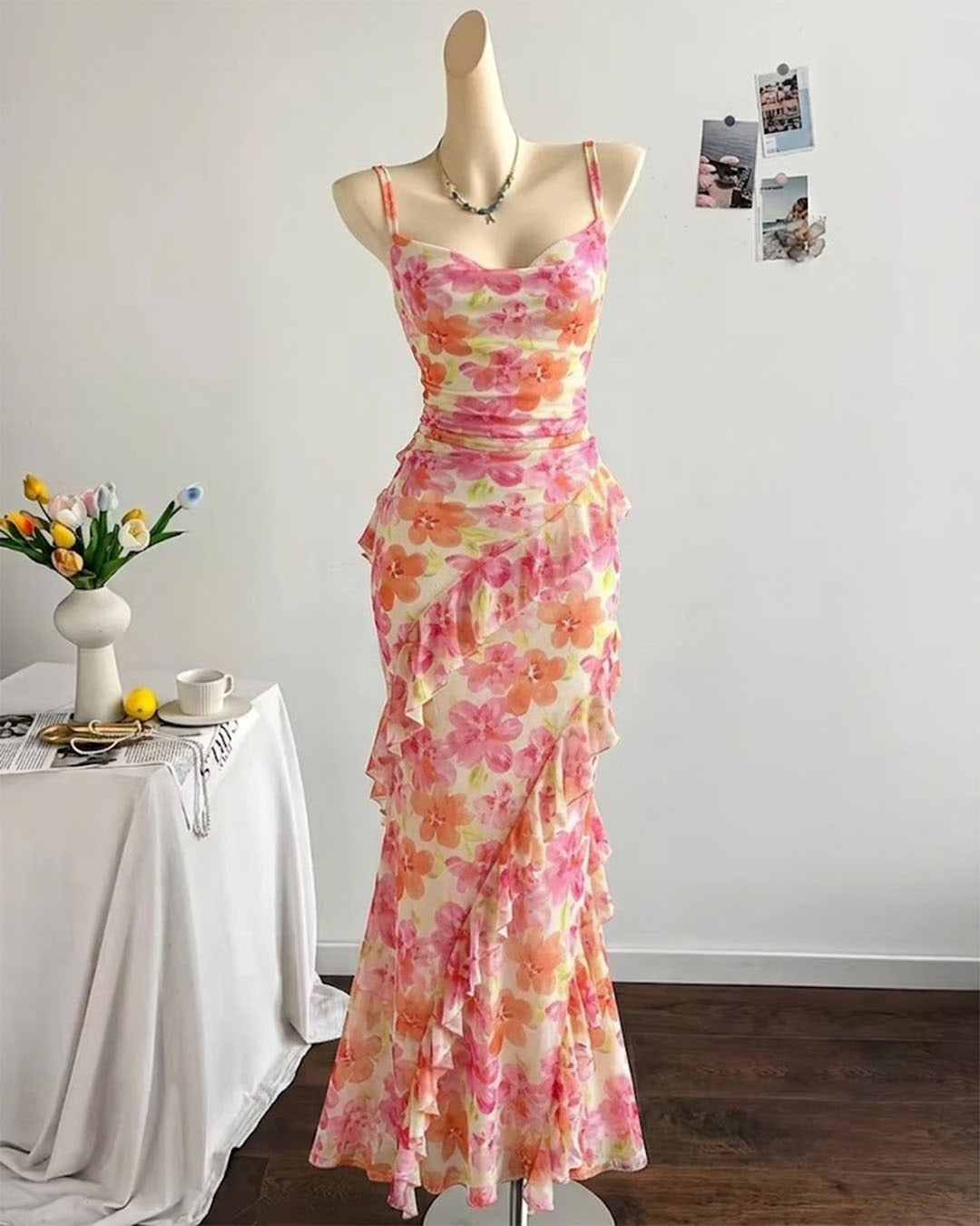 Floral Ruched Ruffle Trim Mermaid Maxi Dress in Orange and Blush Pink