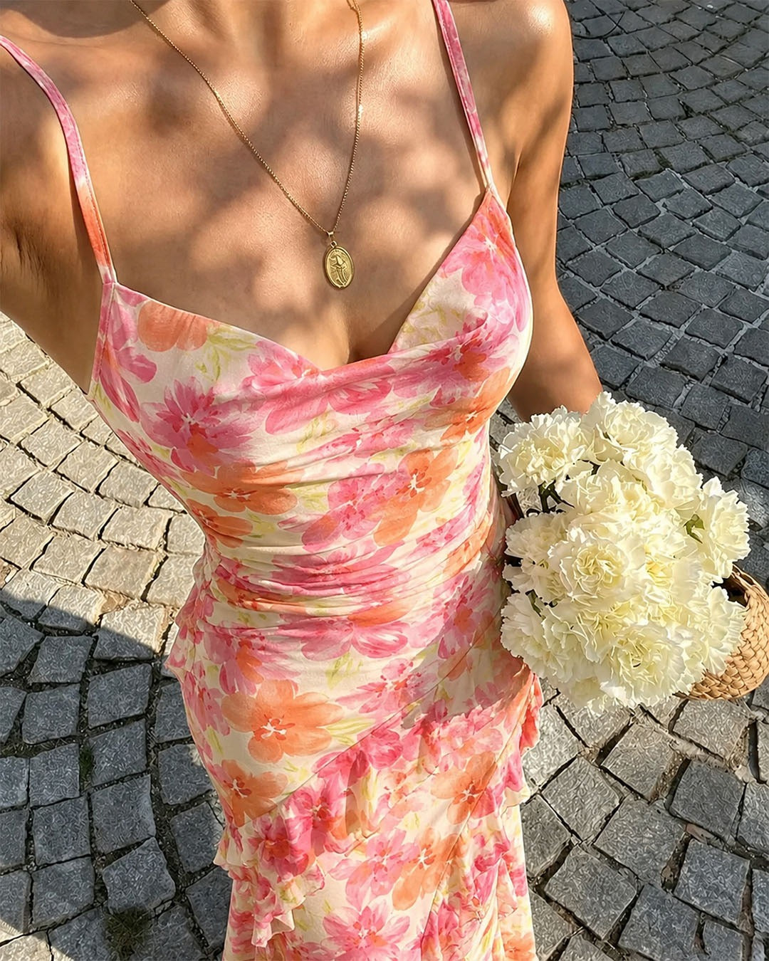 Floral Ruched Ruffle Trim Mermaid Maxi Dress in Orange and Blush Pink