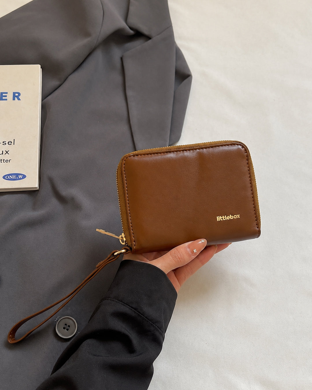 Mini Zip Around Wristlet Wallet Bag in Caramel Brown