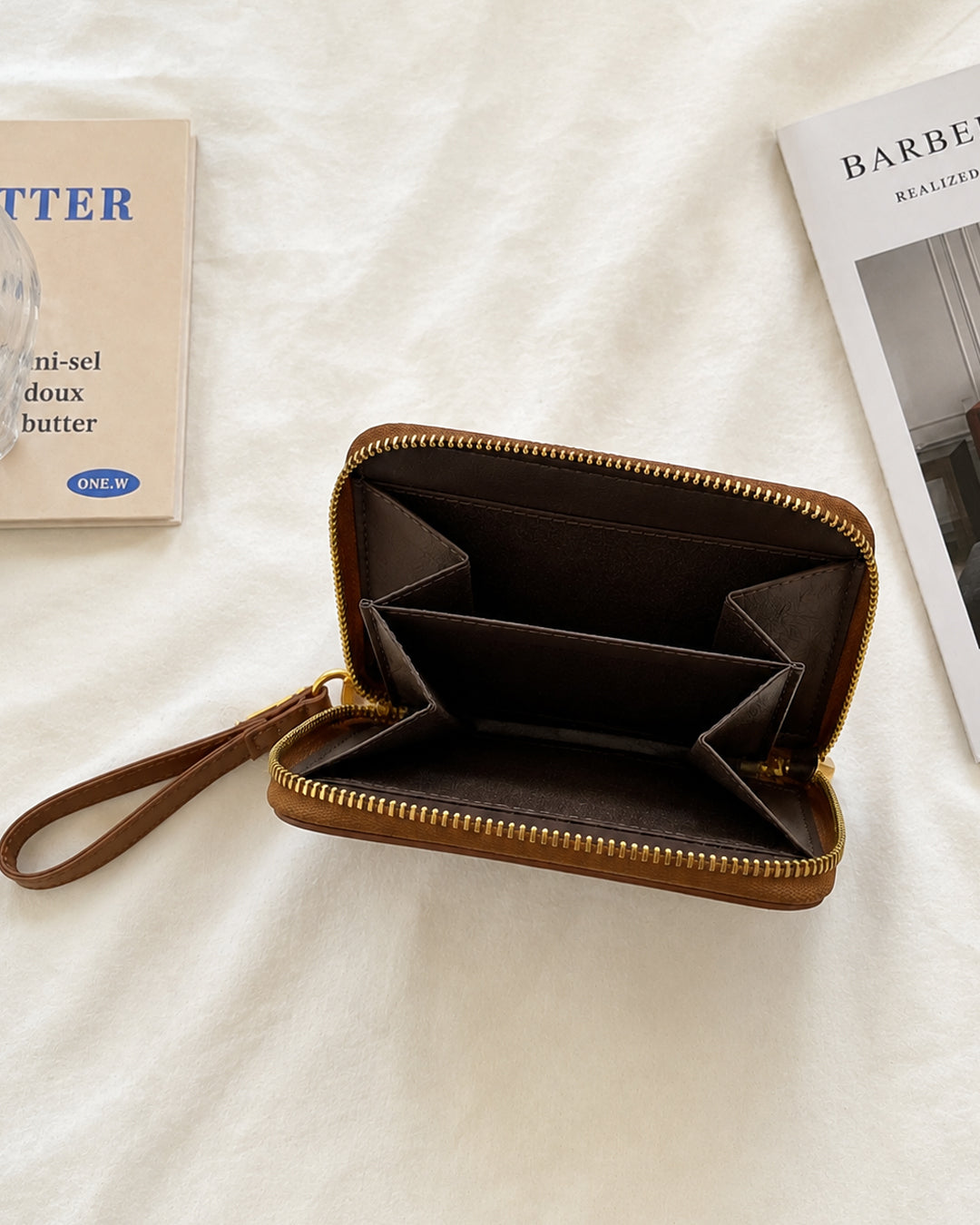 Mini Zip Around Wristlet Wallet Bag in Caramel Brown