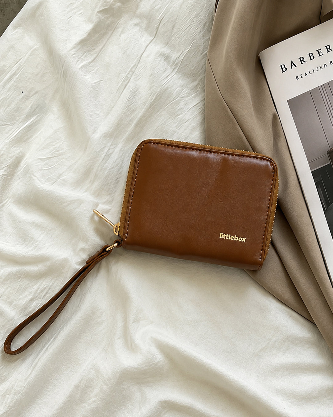 Mini Zip Around Wristlet Wallet Bag in Caramel Brown
