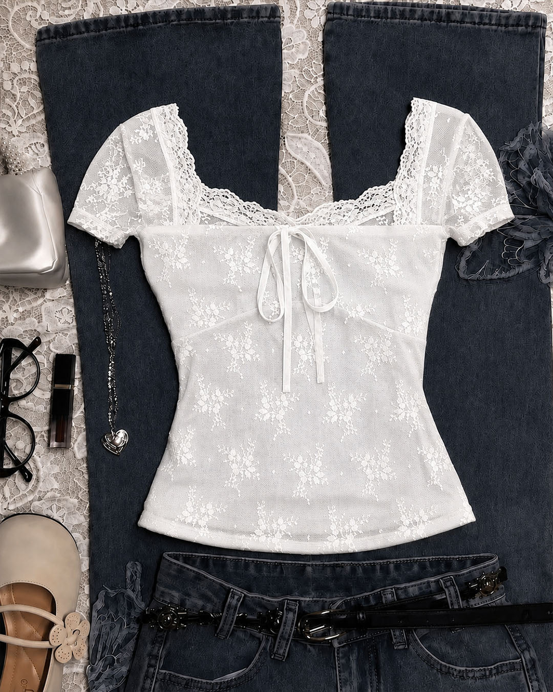 Floral Lace Trim Bow Front Peplum Top in Classic White