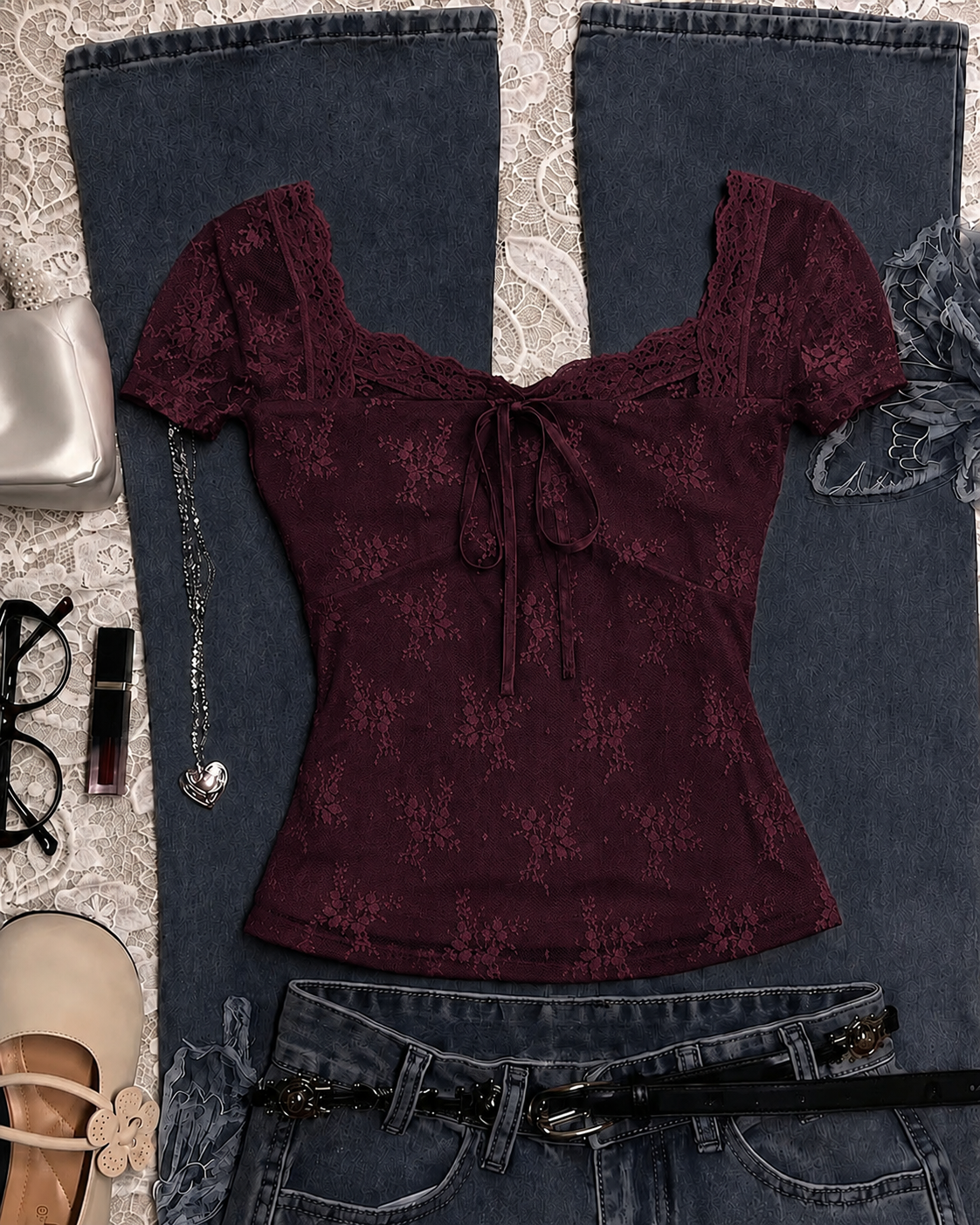 Floral Lace Trim Bow Front Peplum Top in Wine Maroon