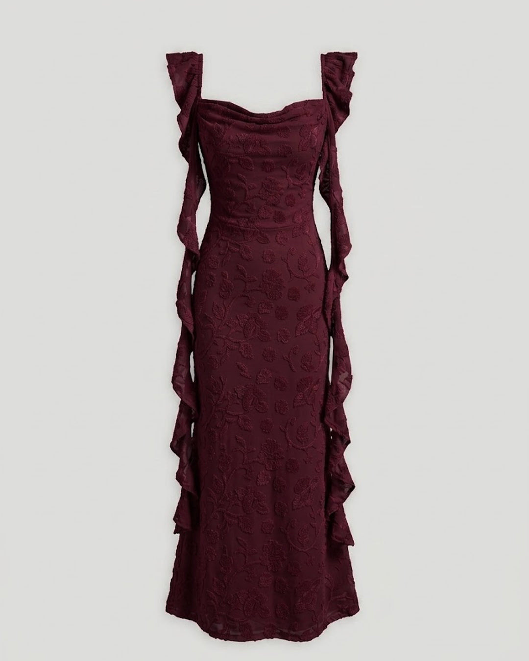 Floral Ruched Side Tie Ruffle Maxi Dress in Deep Maroon