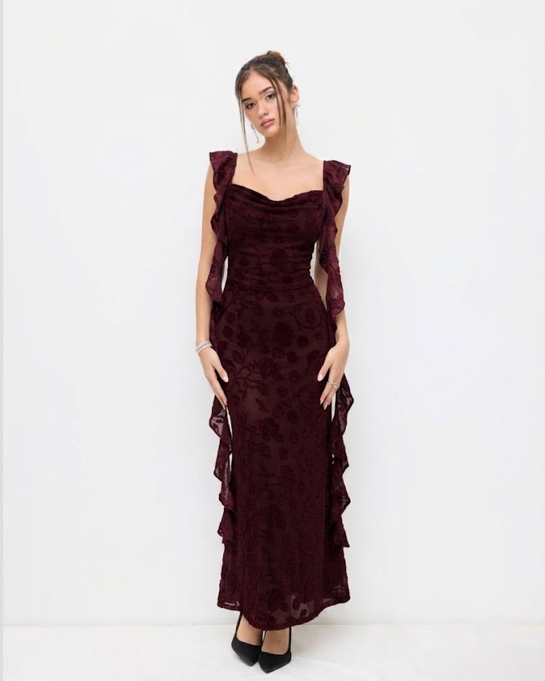Floral Ruched Side Tie Ruffle Maxi Dress in Deep Maroon