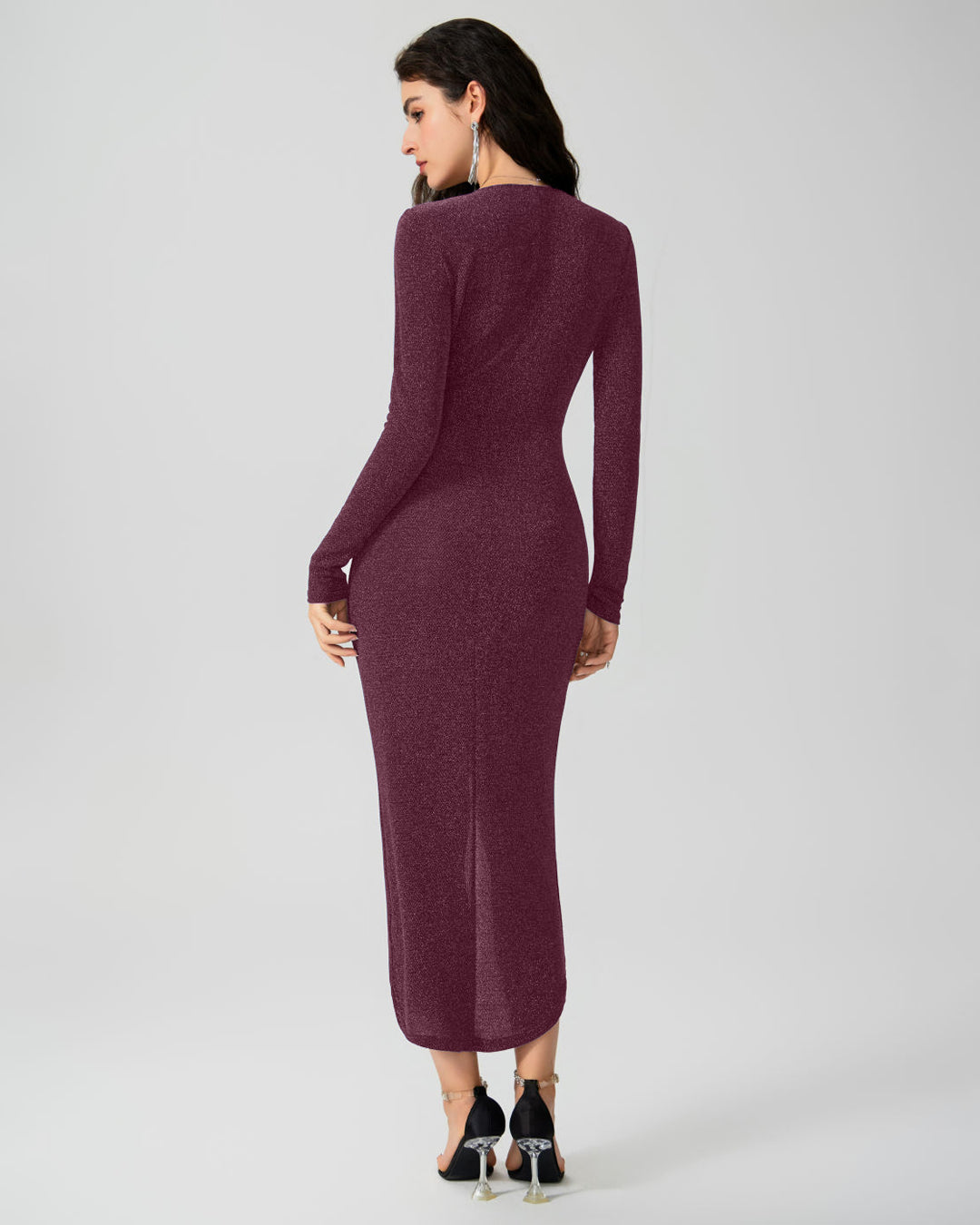 Ruched Wrap Front Long Sleeve Midi Dress in Wine Maroon