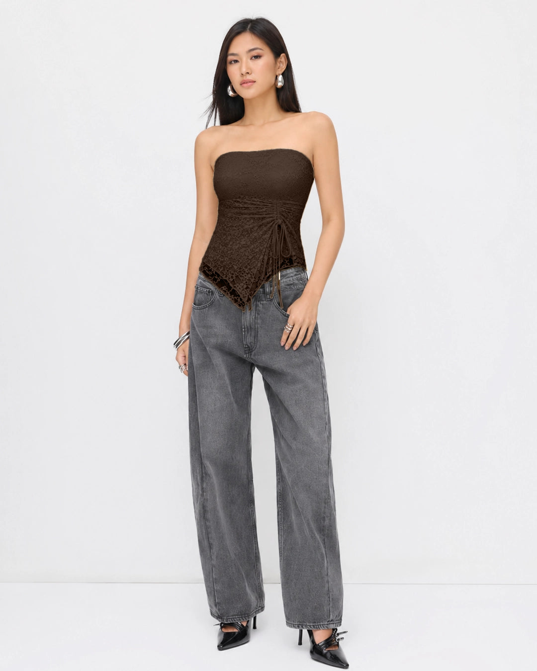 Strapless Ruched Lace-Up Corset Top in Chocolate Brown