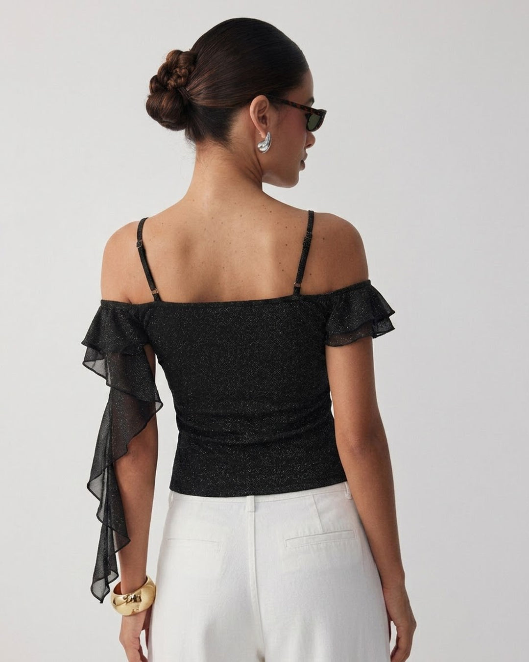 Asymmetrical Ruffle Detail Ruched Cami Top in Shimmer Black